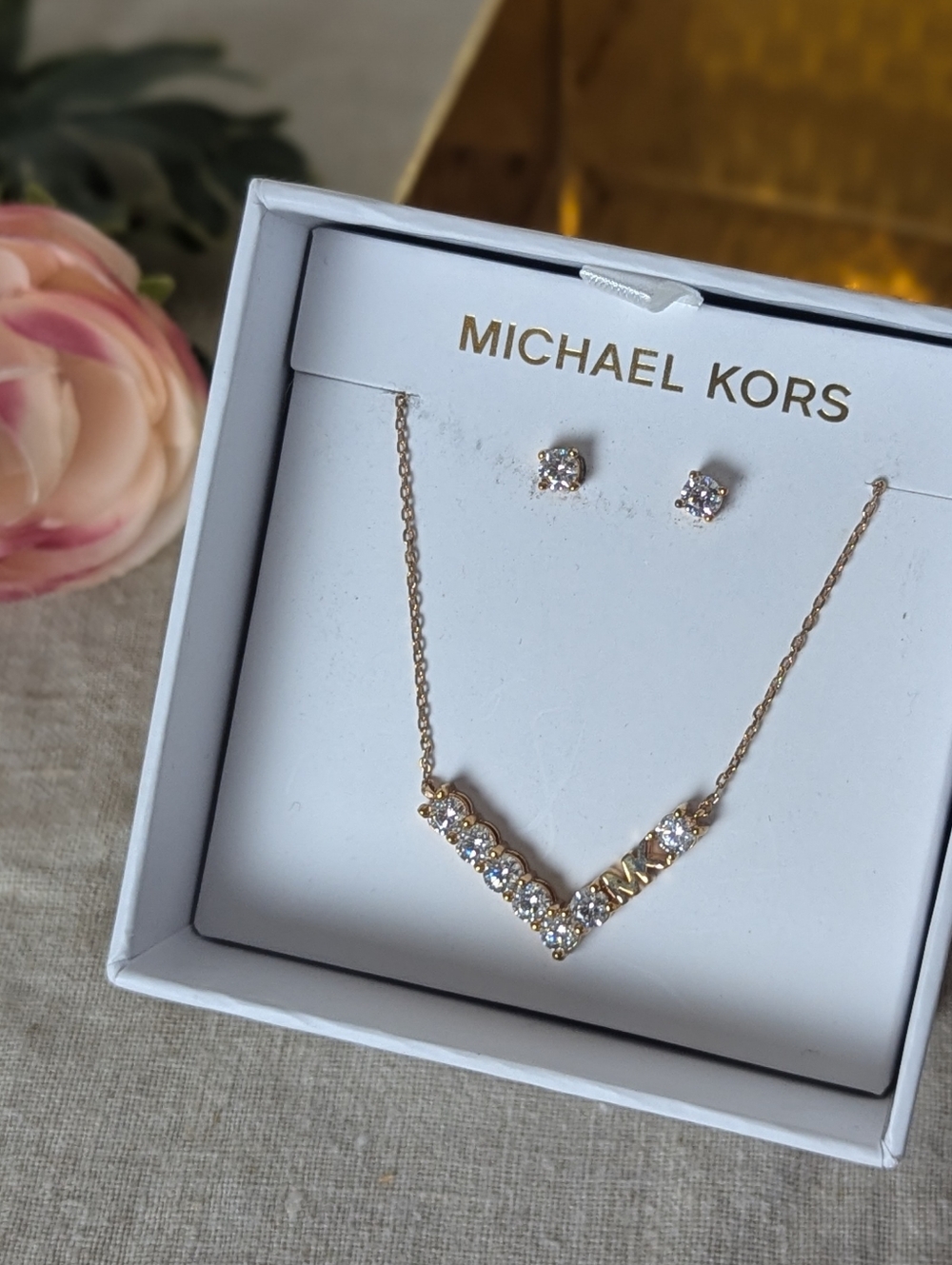 Michael Kors Rose Gold Necklace & Earrings Set  Crystal MK Pendant Jewelry - Picture 9 of 9